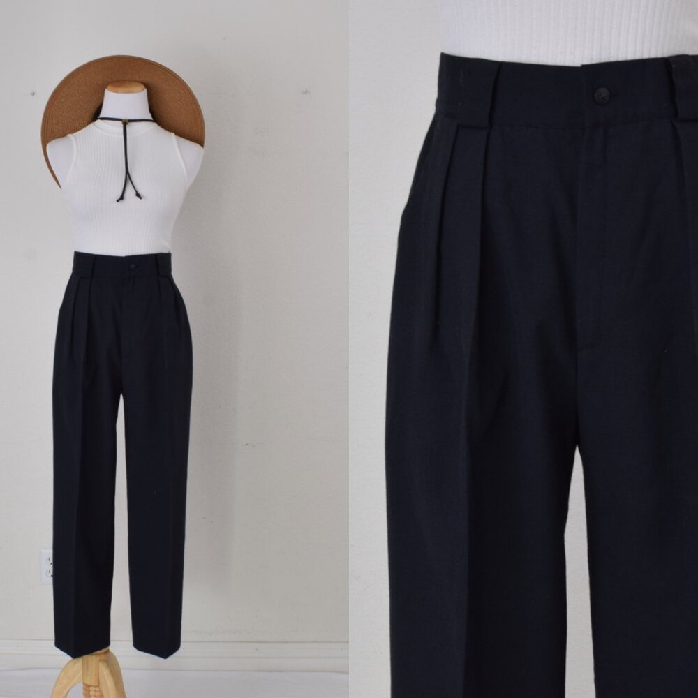 Vintage‎ 80s Black High Waisted Pleated Rayon/Polyester trousers size 10